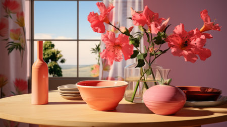 a photo of a table adorned with a vase filled with beautiful pink flowers. the image showcases a stunning blend of sun-soaked colors, reminiscent of a scene rendered in unreal engine. the arrangement also features experimental pottery, adding a touch of uniqueness. the overall composition evokes romanticized views, reminiscent of the works of hiroshi nagai. the vivid and monochromatic color scheme further enhances the visualの素材