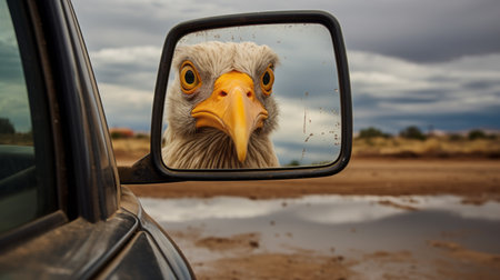 a turkey perches on the side mirror of a weathered 1972 ford amidst a stormy desert landscape. the scene is set with muted colors, giving the sand a greyish hue. as rain falls, the ground is illuminated by unnatural lightning strikes, casting an eerie glow. in the mirror, a hooded face appears distorted, adding to the mysterious atmosphere of the early evening. ai generatedの素材