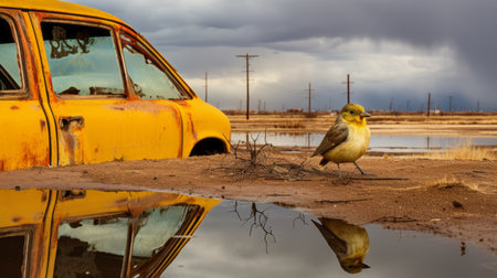 a finch perches on the side mirror of a weathered 1972 ford, amidst a stormy day with dramatic lighting. rain falls as a distorted face wearing a hood is reflected in the mirror. the scene takes place in a muted desert landscape, where the sand appears grey. it is early evening, with vibrant yellow and orange lightning striking. ai generatedの素材