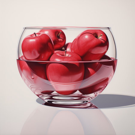 three apples sit in a glass bowl, depicted with precise hyperrealism in this vibrant illustration. the apples are a light crimson color, creating a striking contrast against the trace monotone background. this realistic marine painting, rendered in cinema4d, showcases the contemporary canadian art style. ai generatedの素材