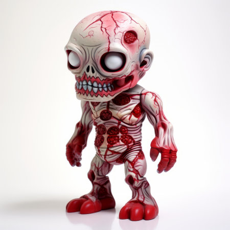 a zombie figure dressed in red outfits, featuring highly detailed illustrations and a fisheye lens effect. the tenwave design adds a touch of uniqueness, while the contrasting light white and dark bronze colors create an intriguing visual appeal. the toy-like proportions and skull motifs enhance the eerie vibe, all complemented by subtle lighting. ai generatedの素材