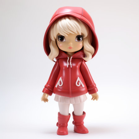 a bonny doll is captured in this photo, dressed in a vibrant red jacket and a stylish white and black dress. the doll's appearance is reminiscent of kawaii manga, with a touch of hyper-realistic pop art. the image showcases a warm tonal range, thanks to the use of a zeiss milvus 25mm f/1.4 lens. the doll's streamlined design and colorful presence make for an eye-catchingの素材