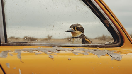 a woodpecker perches on the side mirror of a weathered 1972 ford, amidst a stormy day with dramatic lighting. rain falls as a distorted face wearing a hood is reflected in the mirror. the scene unfolds in a desert landscape, where muted colors give the sand a grey appearance. the time is early evening, with bright yellow and orange lightning striking. ai generatedの素材