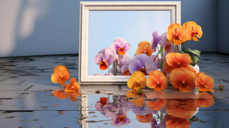blue floral surrealism photo with light violet and light orange hues. reflections and mirroring create a dreamlike atmosphere. photo-realistic techniques and asymmetrical framing add depth. captured with a nikon d750, the image showcases romantic interiors. ai generatedの素材