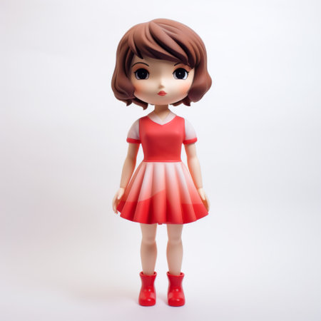 a red female doll with brown hair and pink dress, showcasing gradient color blends and japanese minimalism. the doll is illuminated with volumetric lighting, creating a captivating contrast of dark orange and white. the low-angle shot highlights the doll's intricate details, while the masterful use of spray paint adds a touch of artistic flair. this photo captures the essence of the konica big mini camera.の素材