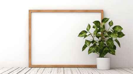 a blank picture frame hangs on the wall, showcasing a vibrant plant. the composition is reminiscent of bob ross's realistic perspective, with a light and airy feel. the precisionist style is evident in the clear edge definition, highlighting the light brown and white tones. this image promotes environmental awareness through its natural subject matter. ai generatedの素材
