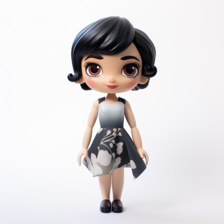 a small doll in a black and white dress, featuring detailed character expressions and a color gradient. the doll showcases organic sculpting and holotone printing techniques, creating a unique visual appeal. the low-angle shot highlights the doll's intricate design, while the light beige and teal color scheme adds a touch of anime-inspired charm. ai generatedの素材