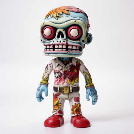 a figure in zombiecore-inspired costumes sits on a white background. this adorable toy sculpture showcases graffiti-inspired elements and hdr effects. the artwork beautifully merges mexican and american cultures, featuring light maroon and sky-blue colors with prominent skull motifs. ai generatedの素材