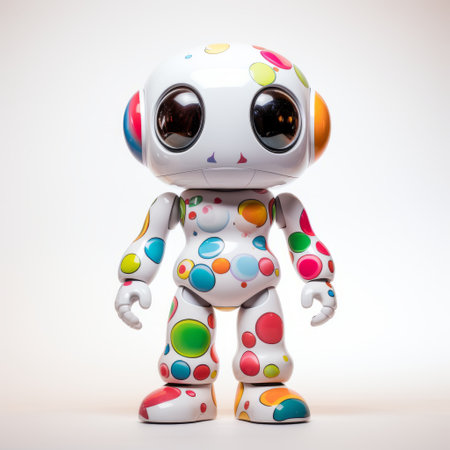 colorful polka dot paint adorns the face of a robot, giving it a playful and vibrant appearance. the realistic lifelike figure is designed in candycore and tinycore style, with a combination of white and bronze colors. the robot has toy-like proportions and is captured in low resolution using fujifilm eterna vivid 500t film. ai generatedの素材