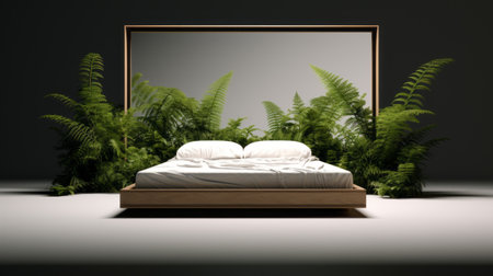 the bed, placed centrally in the bedroom, is surrounded by lush ferns, creating a serene atmosphere. this photo showcases a stunning blend of photo-realistic landscapes and industrial design elements. with a mirror reflecting the high detailed woodwork, this 32k uhd image captures the beauty of outdoor scenes and product design. ai generatedの素材