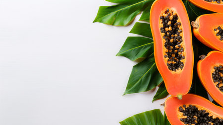 papaya slices and chopped pieces are showcased against a vibrant green background, complementing the minimalist style. the image captures the essence of exotic birds and features an innovative page design. with a combination of white, light red, and dark gold hues, it exudes a y2k aesthetic reminiscent of the influential gutai group. ai generatedの素材