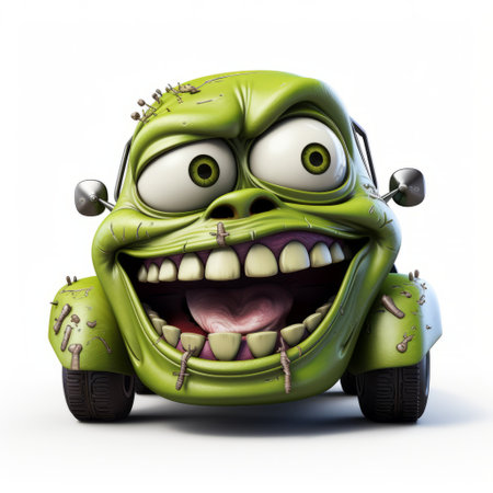 cartoon zombie car isolated on white background, hyperrealism and photorealism style. uhd image featuring caricature faces made of insects. the lensbaby effect adds a unique touch to this flickr image, with a light green color palette. ai generatedの素材