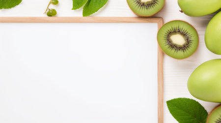 a photo of a kiwi fruit and leaves arranged within a wooden frame, accompanied by a blank sheet of paper. the composition follows a soft minimalistic style, with a white background and a snapshot aesthetic. this eye-catching detail combines elements of neo-geo minimalism, creating a visually appealing image. creative commons attribution applies. ai generatedの素材