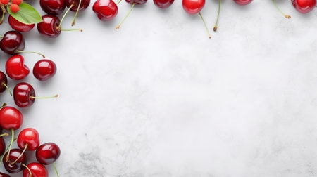 cherry and leaf on a marble background, with copy space. the photo showcases a post-minimalist style, combining light gray and red hues. it exudes a felinecore and berrypunk aesthetic, with varying perspectives and an aerial view. the composition is reminiscent of 20th-century scandinavian design. ai generatedの素材