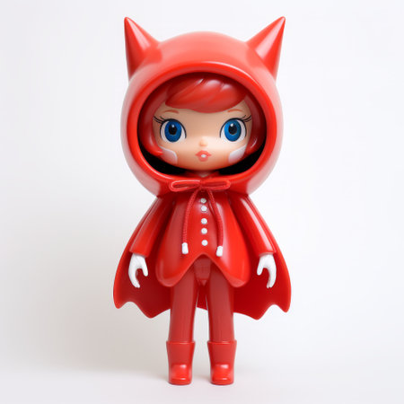 a mischievous feline-inspired figure with red hair, wearing a red cape and hood, is depicted in this kawaii pop art style photograph. the limited color range and toy-like proportions give it a devilcore aesthetic, while the shiny eyes add a touch of intrigue. this artwork draws inspiration from mono-ha movement, combining various elements to create a unique and captivating image. ai generatedの素材