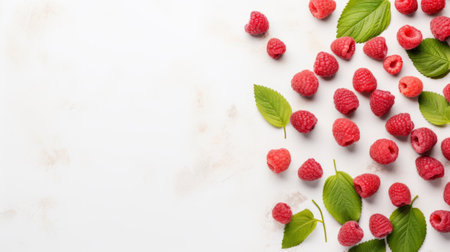 raspberries with leaves on a white desktop background, featuring soft lines and shapes reminiscent of marble. this advertisement-inspired photo captures the essence of oshare kei with its dappled lighting. the image beautifully combines natural and man-made elements, creating a visually appealing composition. shot at iso 200. ai generatedの素材