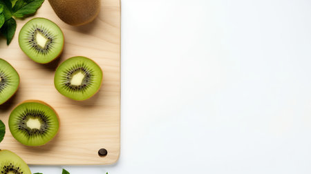 fresh kiwi and kiwifruit arranged on a white board, set against a vibrant spring/summer background. this minimalist and contemporary image showcases the beauty of the fruits with a birds-eye-view perspective. the varying wood grains add a touch of natural texture to the minimalistic modern composition, featuring flat shapes and a matte finish. this high-resolution image captures the essence of simplicity and freshness. ai generatedの素材