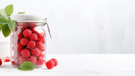 raspberries, displayed in a glass jar, sit on a wooden table with leaves in the background. the minimalist style of the composition features a light red and turquoise color scheme against a white background. the image evokes the influence of marcel breuer's design principles, combining elements of engineering, construction, and design. the overall aesthetic is enhanced by the subtle use of light gray and magentaの素材