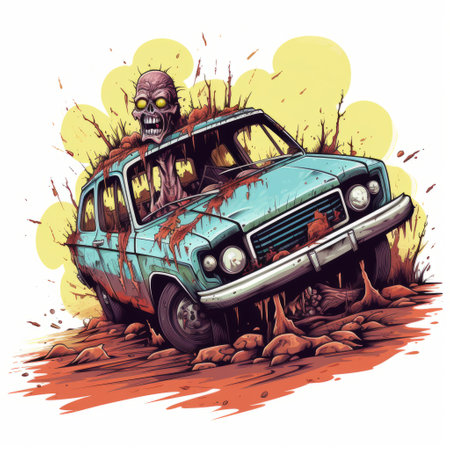 a highly detailed illustration of a zombie driving a car, reminiscent of the nostalgic subjects found in the works of ivan fedorovich choultse. the artwork features a unique paint dripping technique, with a color palette of light maroon and cyan. this piece exudes a rusticcore aesthetic and skillfully utilizes various related keywords. ai generatedの素材