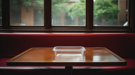 a plastic box is placed on a table in the center of a room, capturing the essence of delicacy and texture-based art. the view from the window adds a touch of simplicity to the composition, reminiscent of the style of fujifilm xf 35mm f1.4 r. this photo evokes the influences of artists like patrick brown, chris friel, and the rinpa school. ai generatedの素材