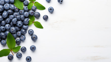 blueberries and mint leaves are captured in a closeup shot on a minimalist white background. the dark blue hues of the blueberries stand out, creating a visually appealing contrast. this high-quality, uhd image showcases the intricate details of the blueberries and the freshness of the mint leaves. ai generatedの素材