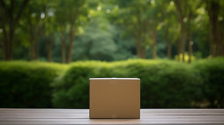 a box prop made of cardboard sits on a wooden table, surrounded by lush green trees and birds soaring above. this photo captures the essence of classic japanese simplicity, showcasing the smooth and shiny texture of the box. with the use of the samyang 14mm f2.8 if ed umc aspherical lens and octane render, the brown and beige tones are beautifully highlighted. ai generatedの素材