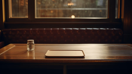 a wooden table sits next to a window, bathed in golden light. the dark maroon and light amber hues create a stylish ambiance. this captivating photo, taken with a nikon d750 and zeiss milvus 25mm f/1.4 ze lens by jamie hawkesworth, captures lively tavern scenes with a minimalistic japanese touch. ai generatedの素材