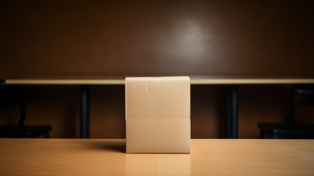 empty box on a table in an empty office. this free photo captures the minimalistic japanese aesthetic with a touch of creativity. the brown box, wrapped in a lensbaby effect, stands out in the style of carl zeiss distagon t 15mm f28 ze. a perfect image for a creative commons attribution, with a pantonepunk vibe. ai generatedの素材