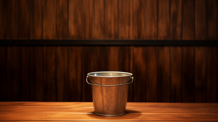 stainless steel bucket on a wooden surface against a black background. this minimalist-style photo features a colorized depiction, combining elements of manapunk, barbizon school, lively tavern scenes, japanese minimalism, and the great depression. ai generatedの素材