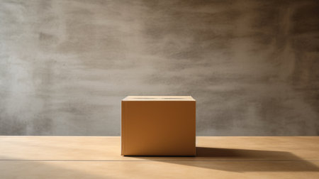 an empty box sits on a wooden table, creating a striking image for a product campaign. this minimalist sculptor-inspired photo showcases a light amber and gray color palette. with its 8k resolution, strong contrast, and chiaroscuro lighting, the industrial and concrete elements add a post-painterly touch to the composition. ai generatedの素材