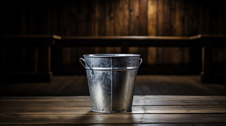 a bucket, in the style of dark silver and light silver, sits on a smooth and polished wooden table in the dark. this photo captures a pop-culture-infused, farm security administration aesthetic with rusticcore and industrial-inspired elements. the high-resolution 32k uhd image showcases the unique blend of modern and vintage vibes. ai generatedの素材