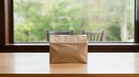 a brown paper bag sits on a wooden table, capturing the essence of windows vista with its shallow depth of field. the composition, reminiscent of martin creed's art, showcases a blend of light green and dark gray tones. this associated press photo embodies a post-modern aesthetic, with a touch of yankeecore influence. ai generatedの素材