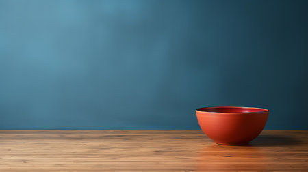 a red and white pot sits on a wooden table, showcasing a dark turquoise and dark orange color scheme. this minimalist kitchen still life, rendered in cinema4d, features a motion blur panorama. the combination of light brown and navy adds to the minimalistic japanese aesthetic of the scene. ai generatedの素材