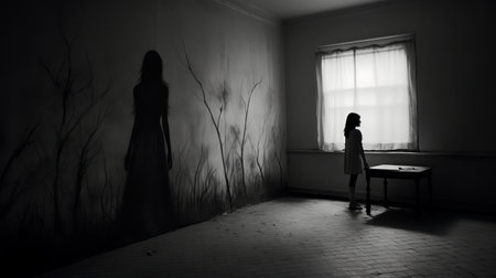 a girl stands in an old room, her silhouette illuminated by the soft light streaming through the window. in front of her, an empty bowl of milk sits on a table, adding an eerie touch to the scene. this black-and-white photograph captures the ghostly forms and nature-inspired installations that create a horror-inspired atmosphere. the high-resolution image showcases the site-specific artwork in stunning detail. ai generatedの素材