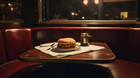 a hamburger, inspired by janet delaney's style, is placed on a plate. the soft and atmospheric lighting enhances the overall mood of the image. captured with the tokina opera 50mm f14 ff lens, this photograph by cody ellingham showcases the subject matter of new york city. the composition exudes a restrained serenity reminiscent of charles willson peale's work. ai generatedの素材