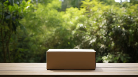 a white cardboard box is placed on an outdoor table, offering a serene view of a lush green forest. this photograph captures the essence of object portraiture, inspired by the traditional japanese style. the light brown tones and back button focus enhance the image, while the dark green backdrop adds depth. shot in 32k uhd, the simplicity of form is beautifully showcased. ai generatedの素材