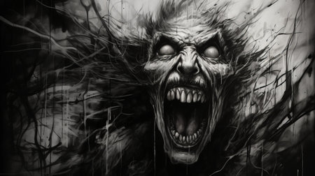 a demon screaming illustration by stefan gesell, featuring detailed brushwork and a white background. this uhd image captures the unique style of stephen shortridge and showcases elements of comic art. the dark gray tones add to the ghoulpunk aesthetic of the artwork. ai generatedの素材