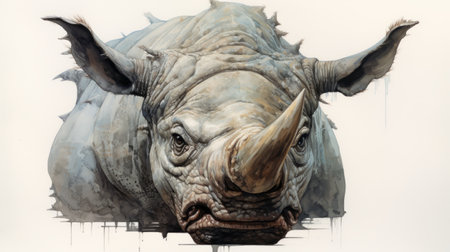 rhinos by raymund reyes is an illustration that showcases hybrid creature compositions. the artwork features torn and distressed edges, with realistic watercolors in white and bronze tones. these large-scale portraits of rhinos are captured in 8k resolution, highlighting their primordial essence. ai generatedの素材