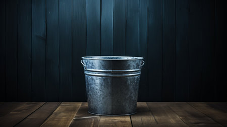 metal bucket on dark wood table, minimalist background with dark gray and blue tones. post-processed image showcasing american consumer culture, faded palates, poetcore aesthetics, and texture-based elements. ai generatedの素材
