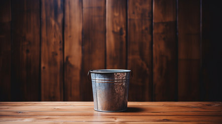 a tin cup rests on a minimalist wooden table, exuding a rustic charm. the dark silver and navy hues add a touch of elegance to the post-processed image. the sparse background enhances the cup's relatable personality, while the rounded shape adds a subtle touch of softness. ai generatedの素材