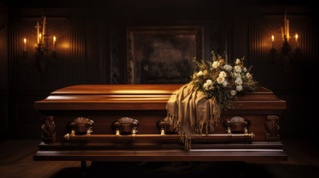 the subject noun is "photo."

a photo capturing the serene and peaceful ambiance of a funeral, with a dark amber and beige color palette. the meticulously detailed composition showcases luxurious textures, evoking a sense of prairiecore and classical academic aesthetics. the image transports viewers to a sanctuary of reflection and remembrance. ai generatedの素材
