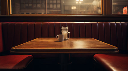 the table features four dark red cushions, adding a touch of nostalgia to the scene. rendered in unreal engine, this image captures the essence of nostalgic minimalism with its atmospheric and realistic urban setting. the use of the fujifilm xf 35mm f/1.4 r lens enhances the overall aesthetic, reminiscent of peter sculthorpe's artistic style. ai generatedの素材