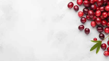 red christmas berries arranged on a stone table, showcasing a minimalist aesthetic with a backdrop of light gray and maroon marble. the concept of minimalism is emphasized through the use of flat surfaces and a white background. the image is captured using caffenol developing technique, resulting in a unique visual appeal. ai generatedの素材
