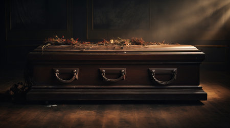 an old casket is seen in a dark room, illuminated by a flickering fire. the artwork showcases highly detailed foliage, with a tonalist color scheme. the selective focus adds a realistic touch to the figurative elements. this piece by philippe parreno offers political and social commentary, conveyed through the pulled, scraped, and scratched techniques used. ai generatedの素材