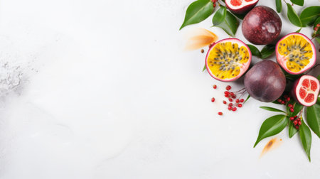 a fruit arrangement featuring passion fruit and leaves on top, designed in a minimalist style with a light gray and crimson color scheme. the decorative backgrounds include marble patterns, creating eye-catching and brightly colored compositions. the white background enhances the beauty of this colorful arrangement. ai generatedの素材
