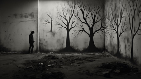 graffiti artist's monochrome film noir-style painting of trees on a garage wall in new mexico, december 2017. rendered in cinema4d, the emotional and dramatic scenes feature surreal figuration, mist, and caravaggesque chiaroscuro. ai generatedの素材