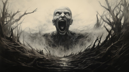 a black and white drawing of a demon standing in the forest, resembling realistic marine paintings. this uhd image showcases the zombiecore style, focusing on emotions rather than realism. the apocalyptic landscape captures trapped emotions with its painterly brushwork. ai generatedの素材