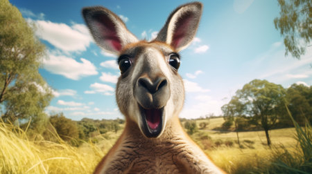 a cute kangaroo standing in the grass, rendered in cinema4d with dynamic and exaggerated facial expressions. this national geographic photo captures the exuberant and close-up view of the kangaroo's strong facial expression. a flickr-worthy image showcasing the unique features of this adorable marsupial. ai generatedの素材