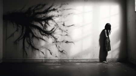 a woman stands in a living room adorned with a hauntingly beautiful painting on the wall. the artwork features twisted branches, expressive black and white strokes, and perspective-bending graffiti. supernatural creatures seem to come alive within the piece. the matte background adds depth to the overall composition. this high-resolution image measures 3840x2160 pixels. ai generatedの素材