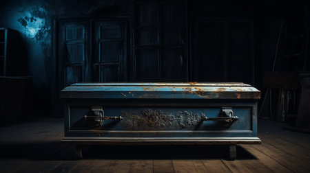 an old and rusty blue wooden coffin is placed in front of a rickety door, creating a dark and brooding atmosphere. this tabletop photograph showcases the intricate ceiling designs and is captured in a style reminiscent of a sanctuary. the dark black and amber tones add to the overall dramatic effect of this staged photography. ai generatedの素材